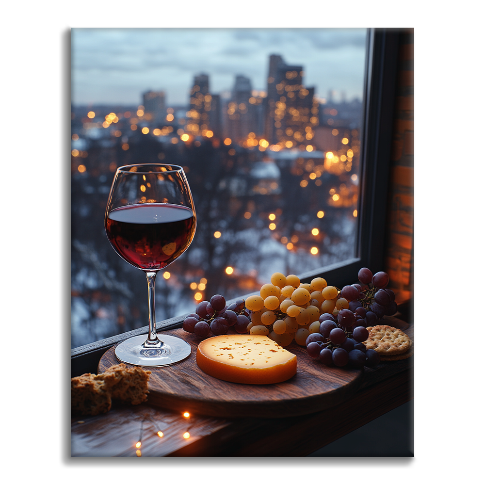 Vino, queso y luces de la ciudad: pintar por números