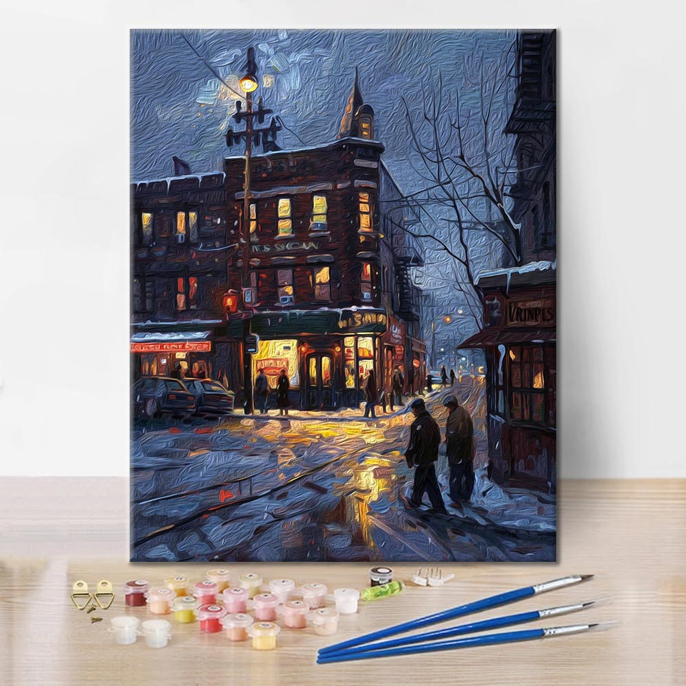 Esquina de la ciudad al anochecer – pintar por números