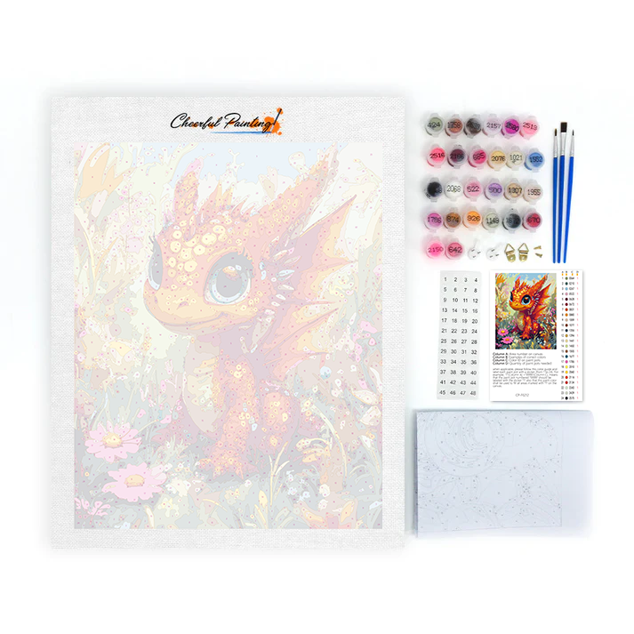 Cachorro de dragón naranja en un paraíso floral - pintar por números