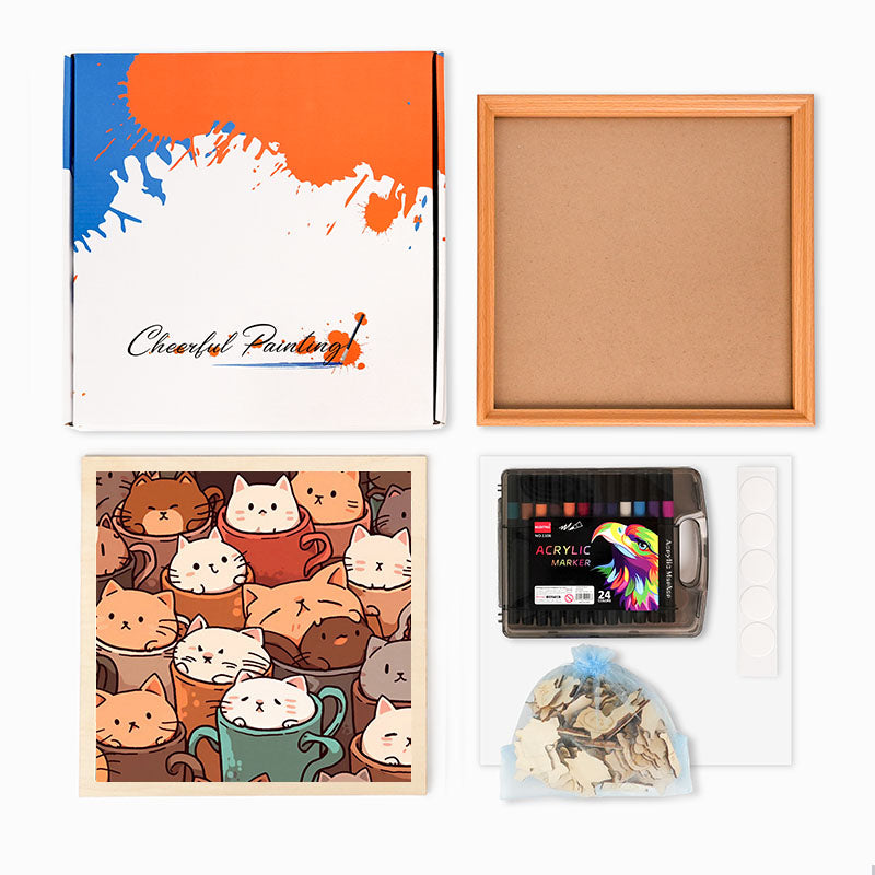 Katzen in Tassen – Ausmalpuzzle aus Holz