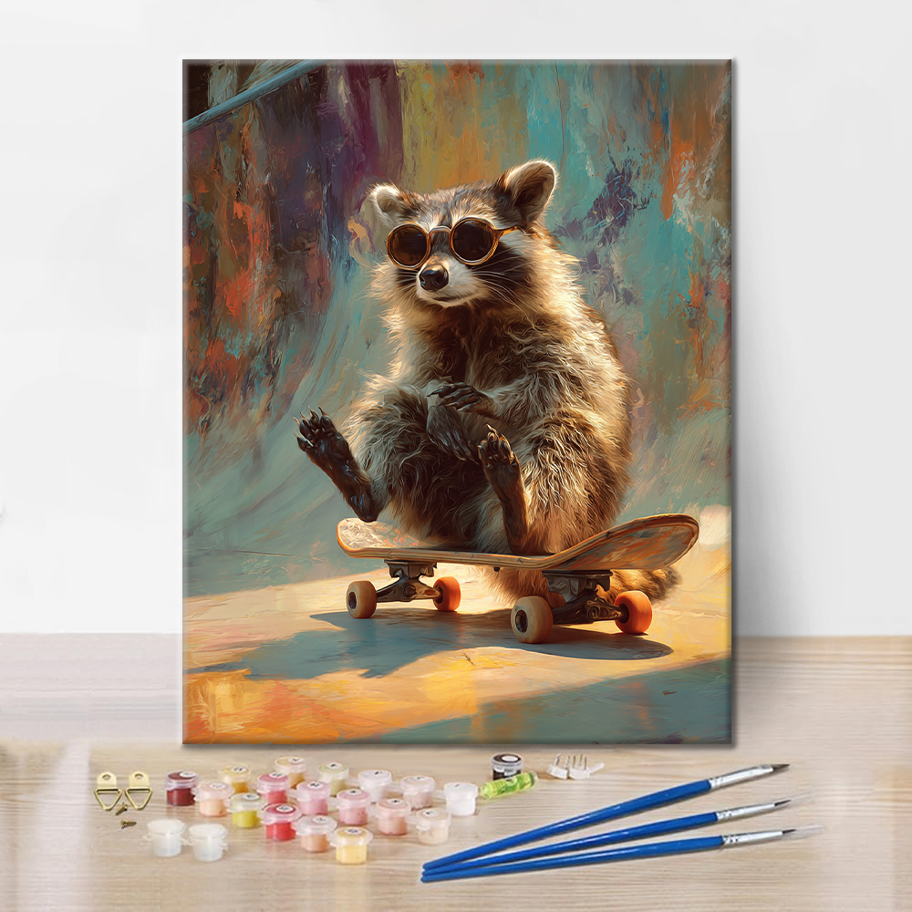 Waschbär-Skateboard - Malen nach Zahlen