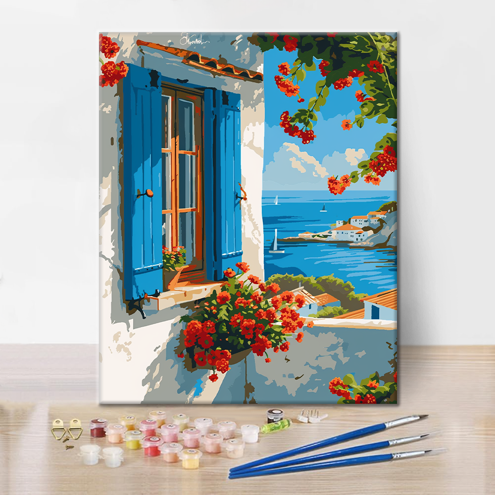 Blue Window Seaside - Malen nach Zahlen
