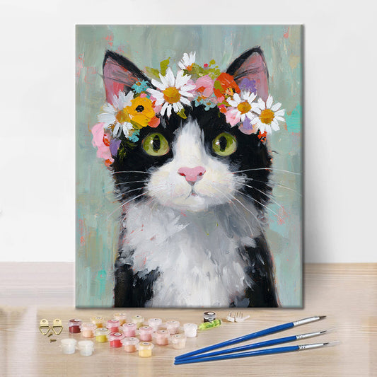 Eine Katze mit Blumenkranz – Malen nach Zahlen