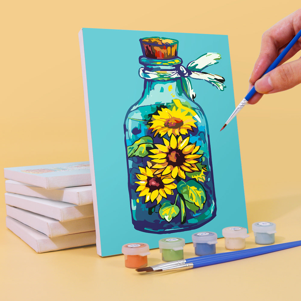Fles en bloemen – schilderen op nummer
