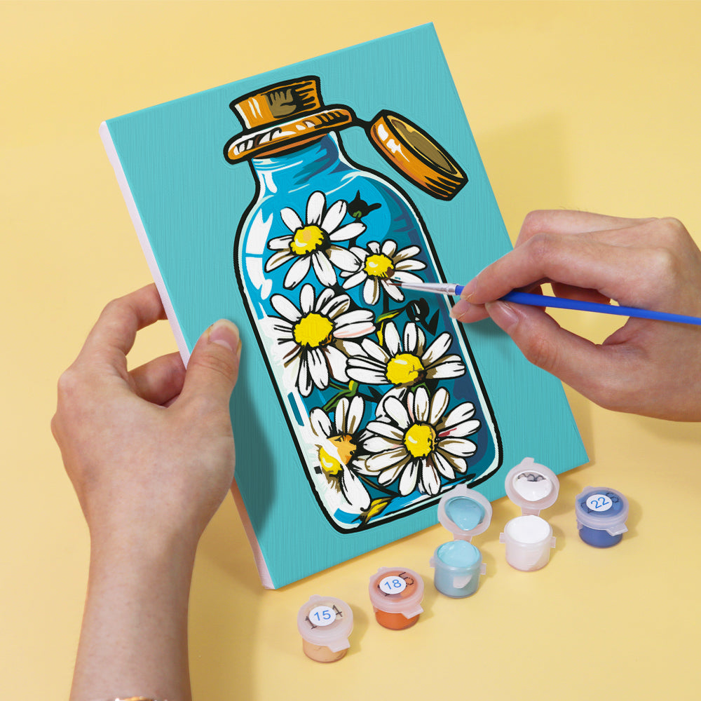 Fles en bloemen – schilderen op nummer
