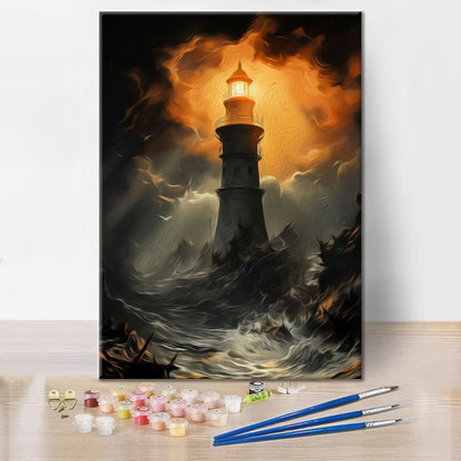 Een vuurtoren in de storm – schilderen op nummer