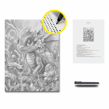 Bunter Drache inmitten von Blüten – Punktmalerei