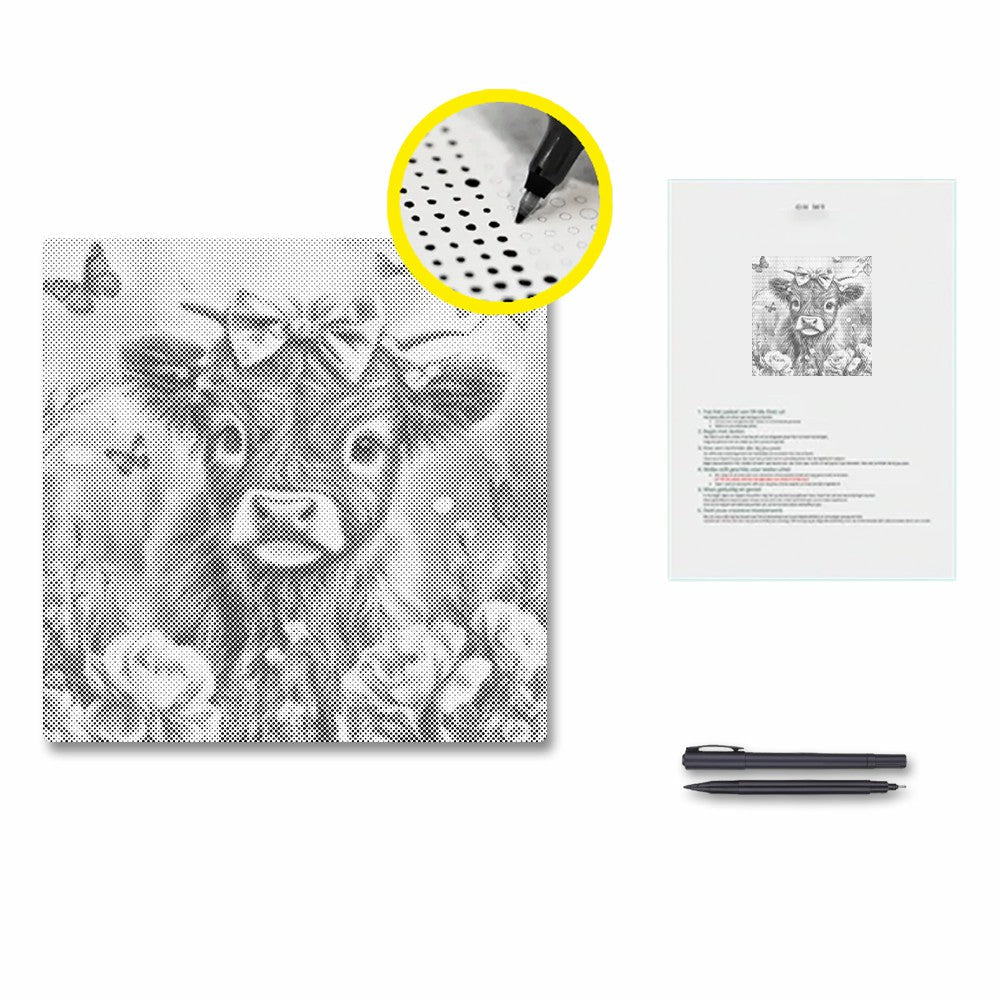 Entzückendes Hochlandkalb mit Blumen – Punktmalerei
