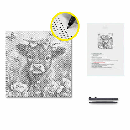 Entzückendes Hochlandkalb mit Blumen – Punktmalerei