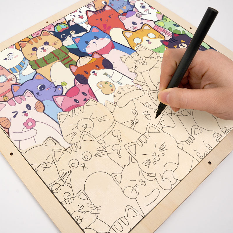 Verspielte Katzen – Ausmalpuzzle aus Holz