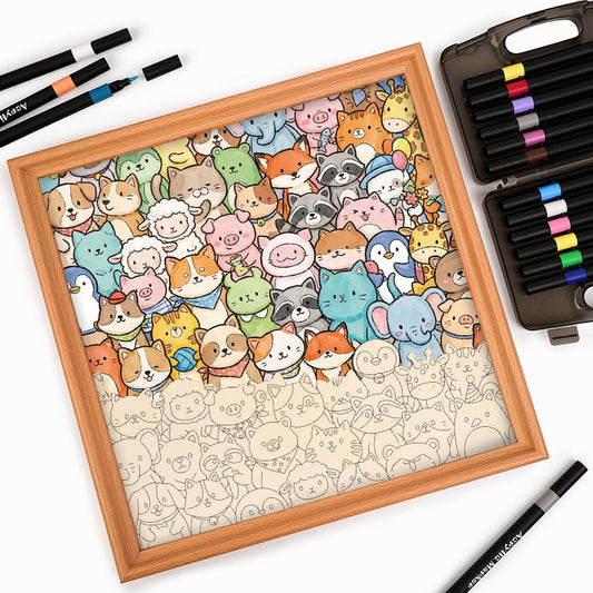 Verspielte Tiere – Ausmalpuzzle aus Holz