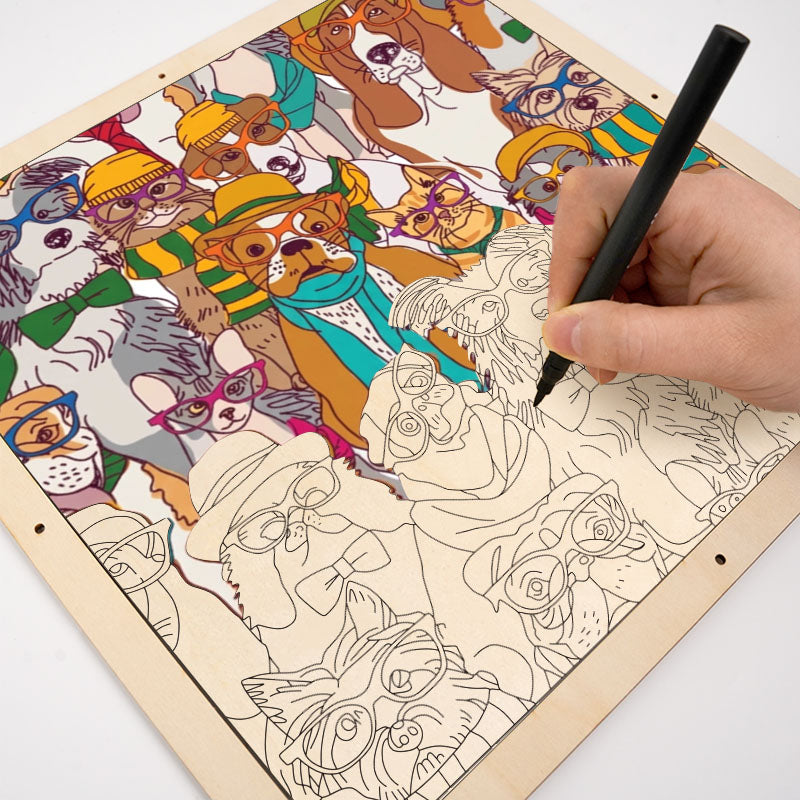 Hunde mit Brille – Ausmalpuzzle aus Holz