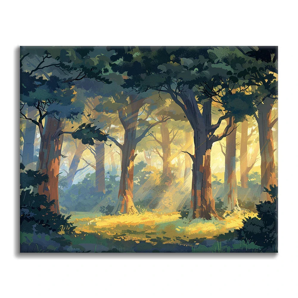 Sonnenbeschienener Wald - Malen nach Zahlen