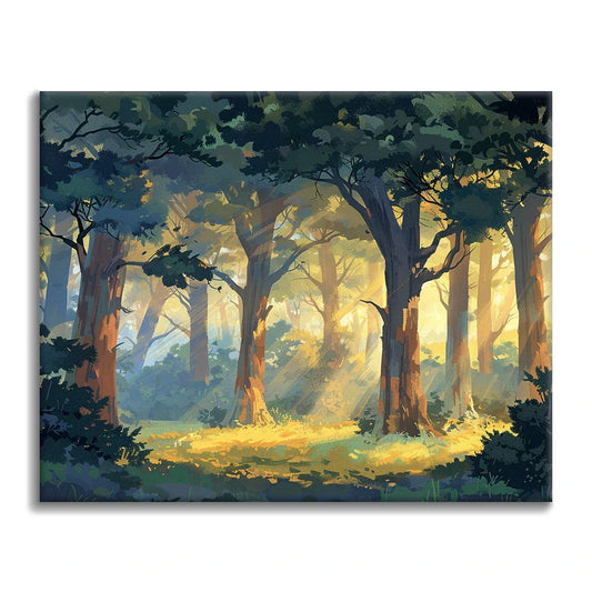 Sonnenbeschienener Wald - Malen nach Zahlen