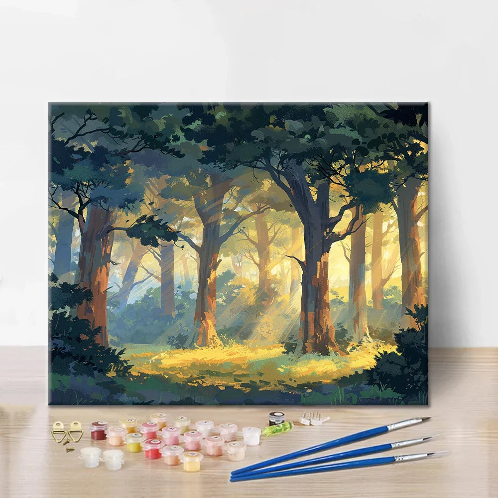 Sonnenbeschienener Wald - Malen nach Zahlen