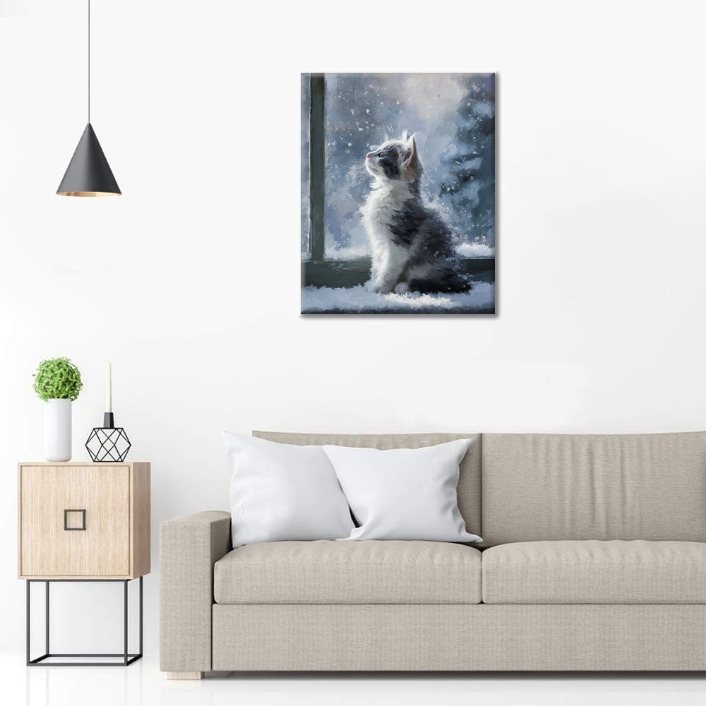 Kätzchen im fallenden Schnee – Malen nach Zahlen