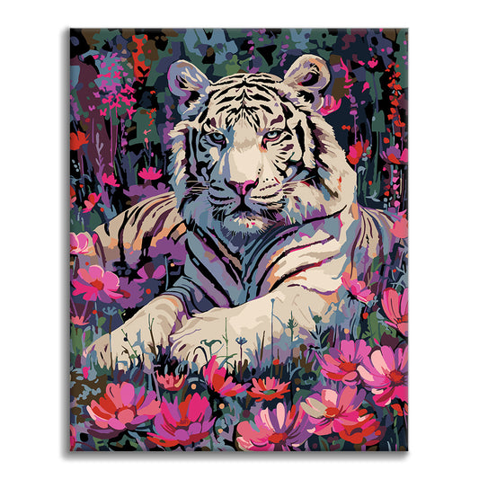 Weißer Tiger und Blumen – Malen nach Zahlen