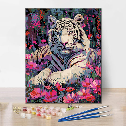 Weißer Tiger und Blumen – Malen nach Zahlen