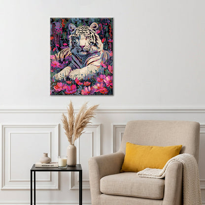 Weißer Tiger und Blumen – Malen nach Zahlen