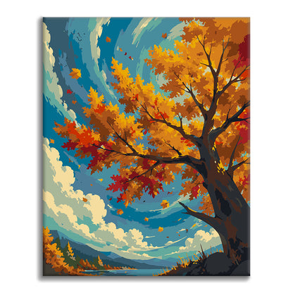 Herbstbaum unter blauem Himmel – Malen nach Zahlen