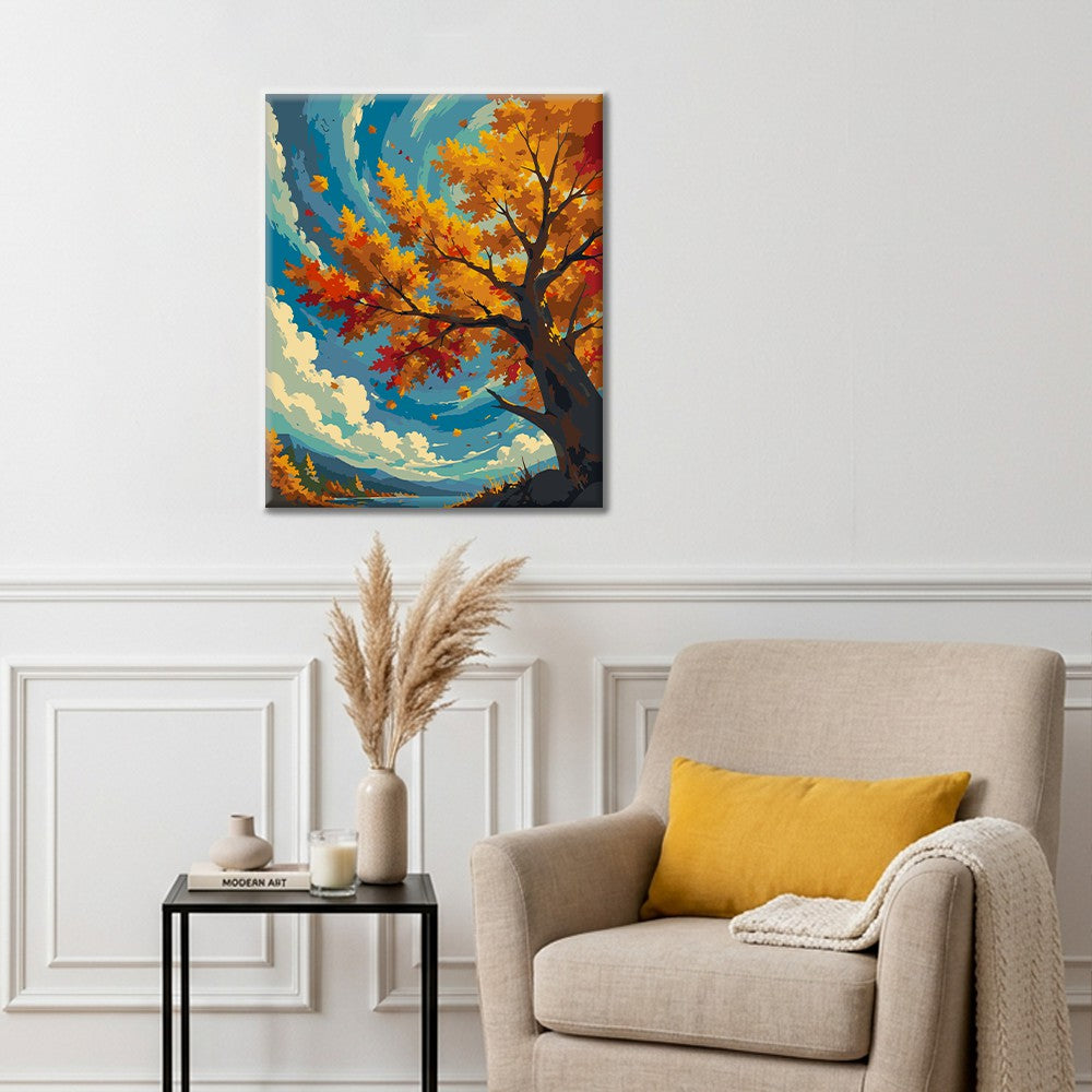 Herbstbaum unter blauem Himmel – Malen nach Zahlen