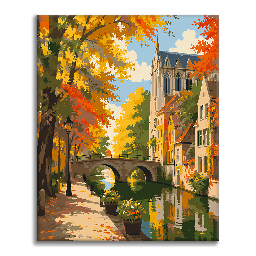 Herbstkanal und Kirchturm – Malen nach Zahlen