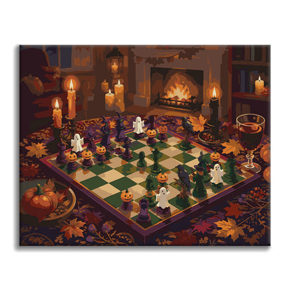 Halloween-Schach am Kamin – Malen nach Zahlen