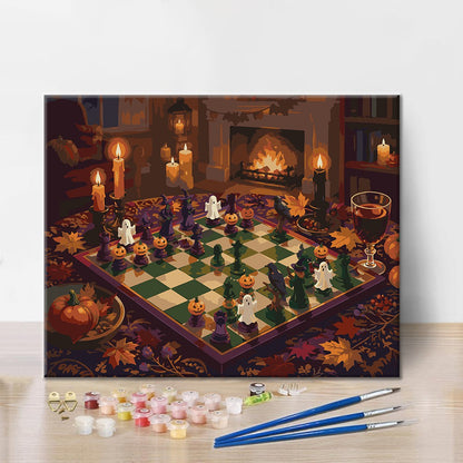 Halloween-Schach am Kamin – Malen nach Zahlen