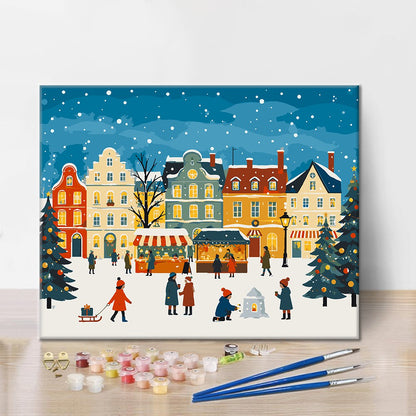 Verschneiter Weihnachtsmarktplatz – Malen nach Zahlen