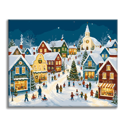 Verschneites Weihnachtsdorf – Malen nach Zahlen