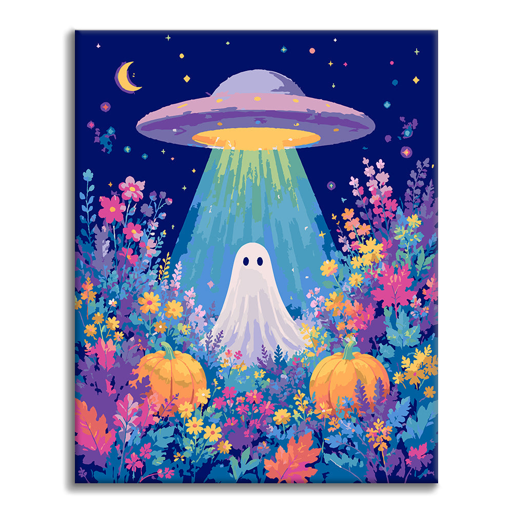 UFO und Geist in einem Blumenfeld – Malen nach Zahlen