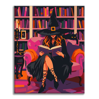 Hexenlesung in einer rosa Bibliothek – Malen nach Zahlen