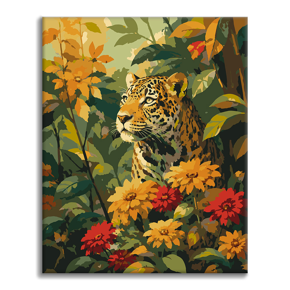 Leopard unter tropischen Blumen – Malen nach Zahlen