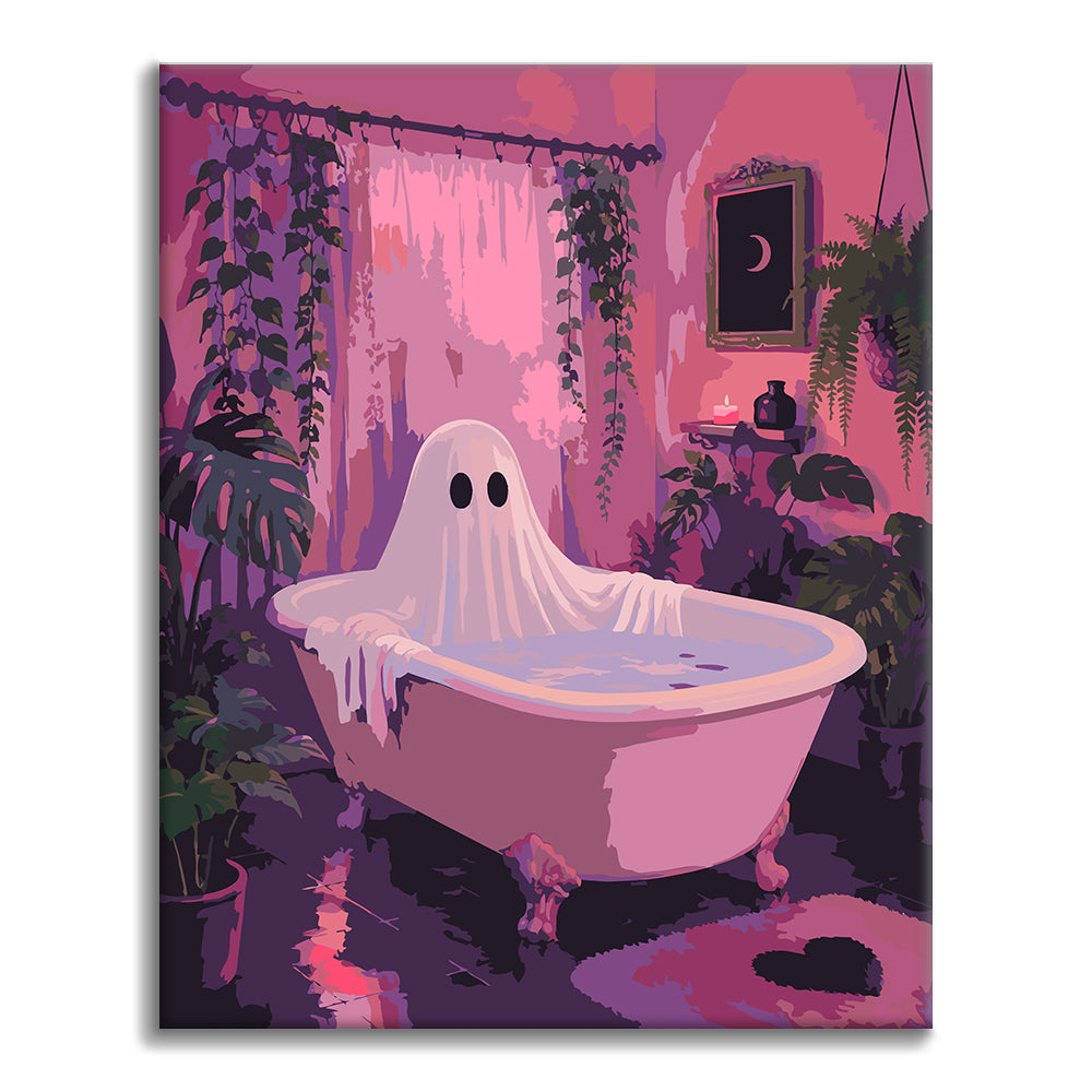 Geist in einer rosa Badewanne – Malen nach Zahlen