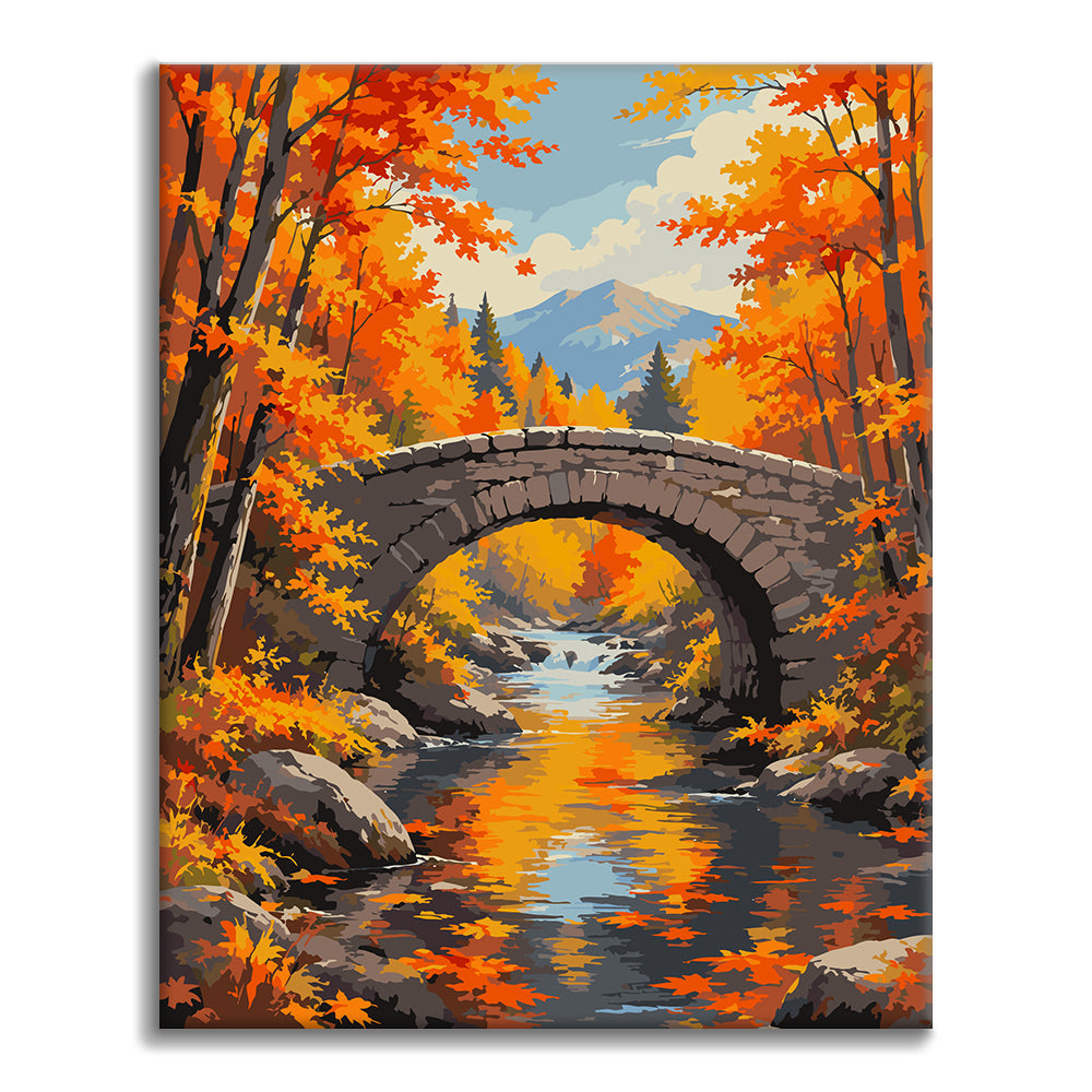 Steinbrücke über einen Herbstbach – Malen nach Zahlen