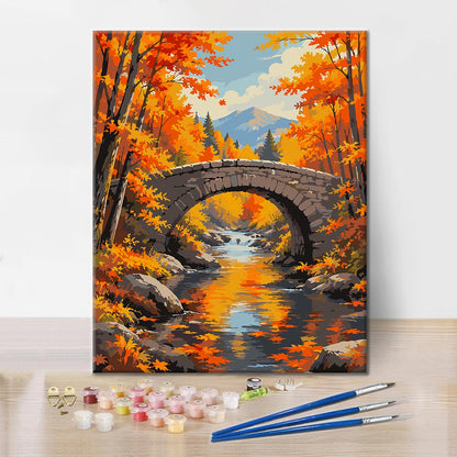 Steinbrücke über einen Herbstbach – Malen nach Zahlen