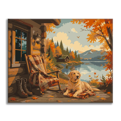 Labrador in einer Herbstkabine am See – Malen nach Zahlen