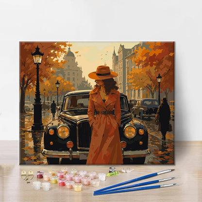Frau neben einem Oldtimer im Herbst – Malen nach Zahlen