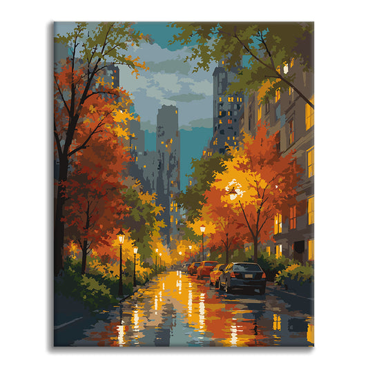 Rainy City Street im Herbst – Malen nach Zahlen