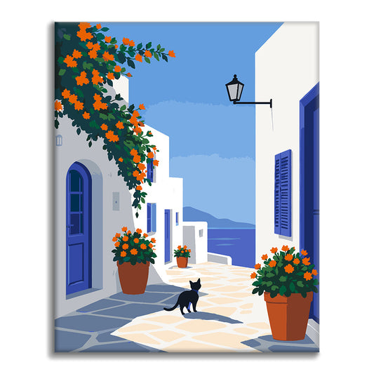 Greek Island Lane mit einer schwarzen Katze – Malen nach Zahlen