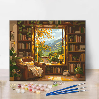 Sunlit-Bibliothek mit Blick auf die Berge – Malen nach Zahlen
