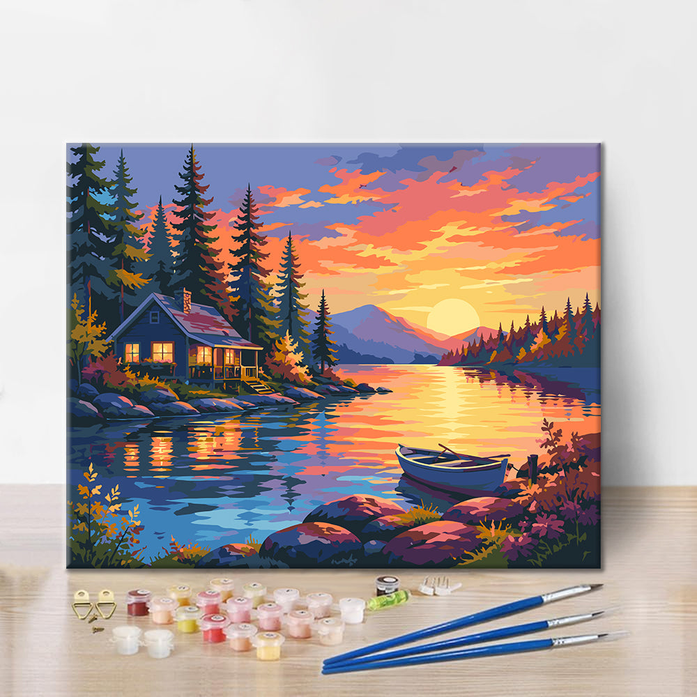 Hütte am See bei Sonnenuntergang – Malen nach Zahlen
