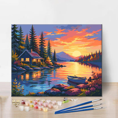 Hütte am See bei Sonnenuntergang – Malen nach Zahlen