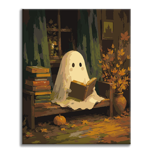 Ghost Reading in einer Herbstbibliothek – Malen nach Zahlen