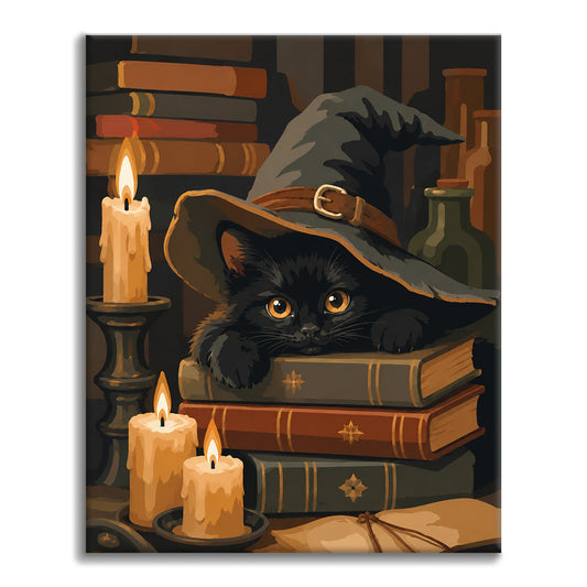 Schwarze Katze auf Zauberbüchern – Malen nach Zahlen