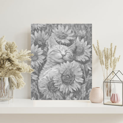 Katze mit Sonnenblumen – Punktmalerei