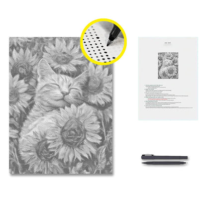 Katze mit Sonnenblumen – Punktmalerei